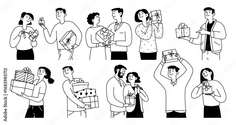 Fototapeta premium Doodle set of happy people with gifts in their hands. Men and women carry, unpack, give and receive presents with ribbons. Vector linear illustration