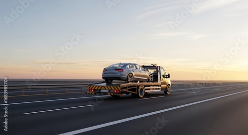 A silver sedan is being transported on a flatbed tow truck on an empty highway at sunset, symbolizing a long-distance journey.