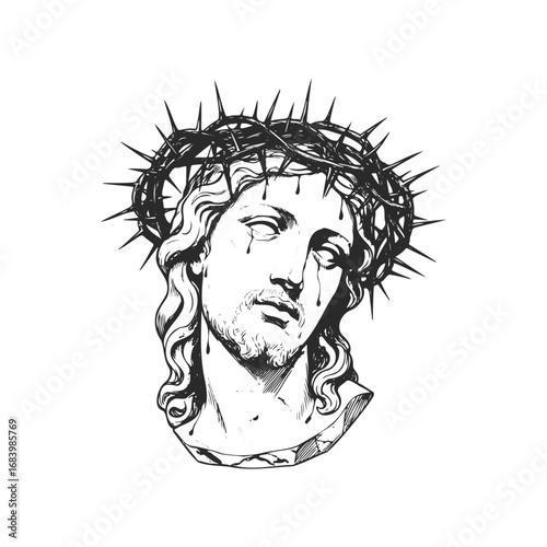 Monochrome illustration of jesus christ with crown of thorns
