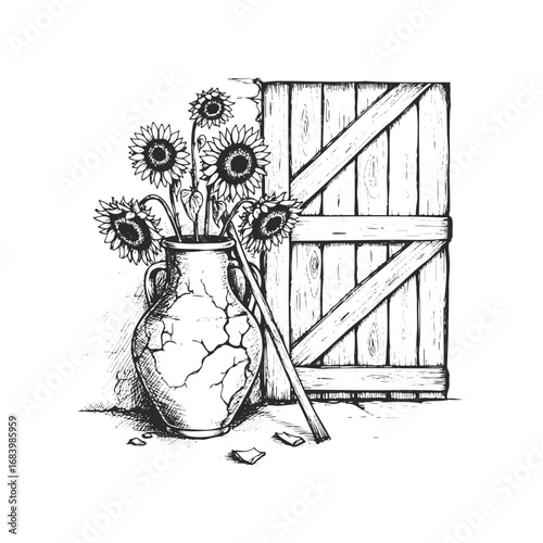 Rustic still life with sunflowers in cracked vase by wooden door