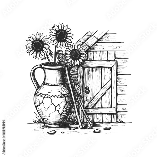 Rustic vase with sunflowers and garden shed door illustration