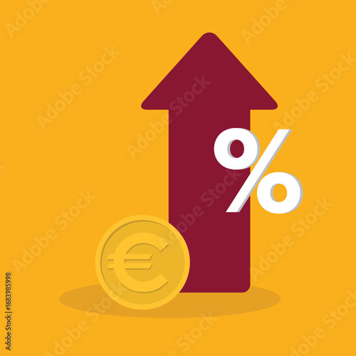 Increased income or revenue, capital gain, increased sales turnover, Euro and arrow with percentage sign	
