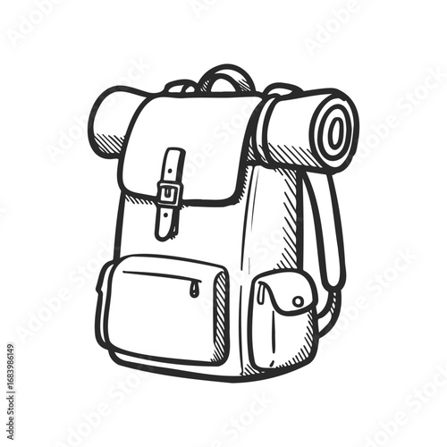 Vintage camping backpack with rolled sleeping bag in black and white sketch
