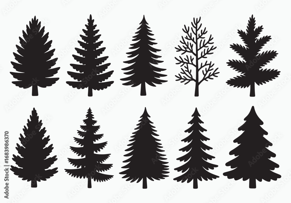 Obraz premium Collection of diverse silhouette christmas trees pine fir and bare branches for winter holiday design elements white background