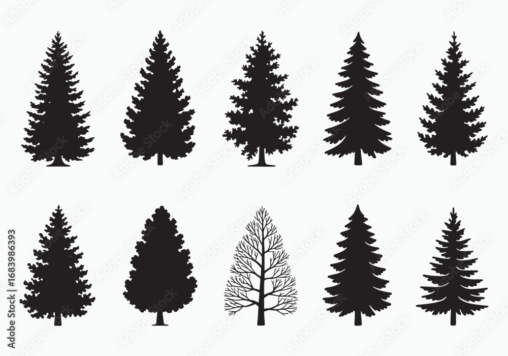 Fototapeta premium Collection of diverse fir tree silhouettes in various styles for natural winter forest scenes white background