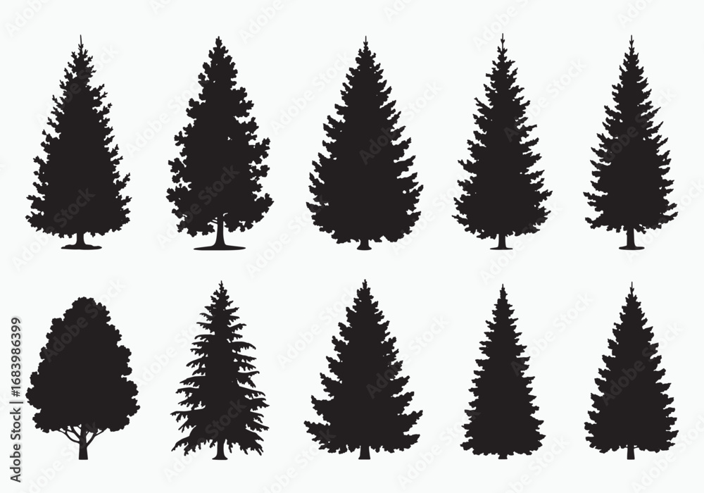 Obraz premium Collection of diverse pine and fir tree silhouettes for natural landscape design and winter holiday themes white background