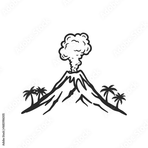 Hand-drawn volcanic eruption with vibrant smoke and surrounding palm trees
