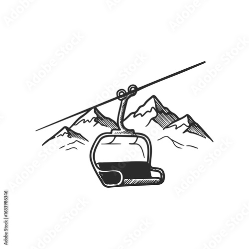 Vintage mountain ski lift illustration in black and white with snowy peaks