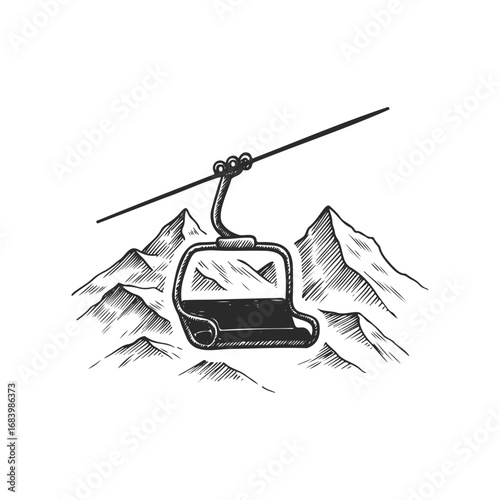 Ski lift illustration with mountainous backdrop in monochrome style