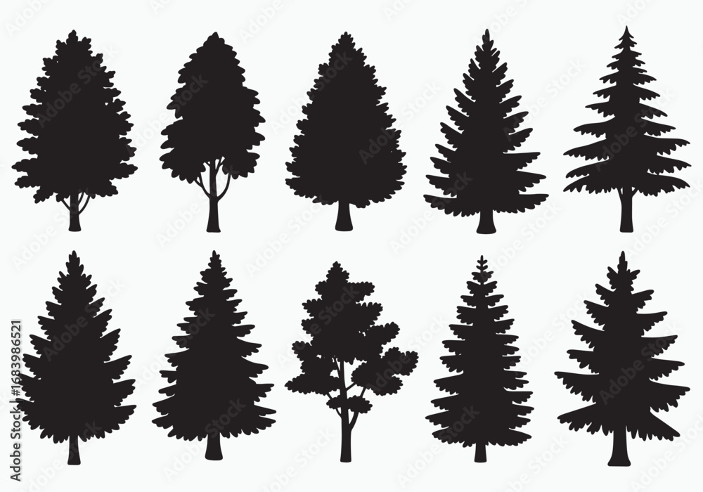 Fototapeta premium Collection of diverse evergreen trees silhouettes for winter holidays and forest designs on a clean background white background