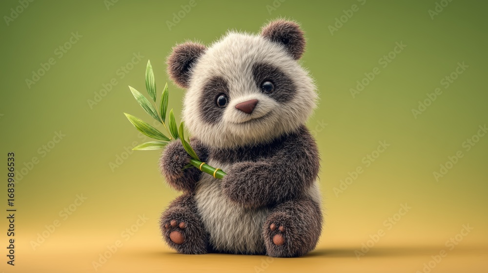 Obraz premium Adorable fluffy panda cub holding fresh bamboo, sitting against a soft green-to-yellow gradient background.
