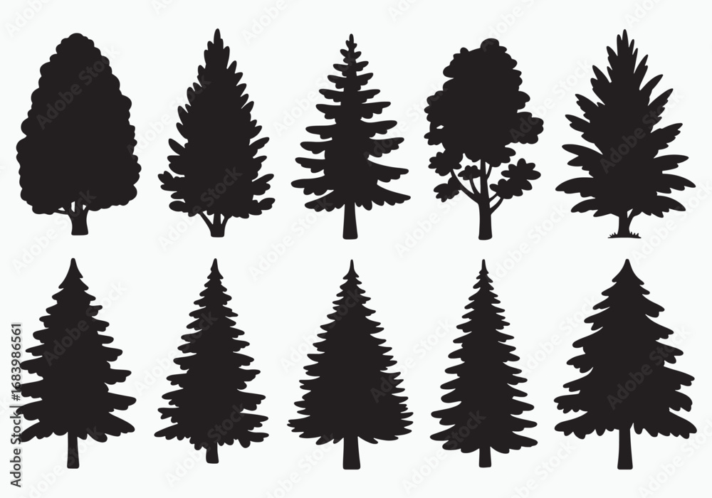 Obraz premium Collection of diverse pine and evergreen tree silhouettes for outdoor and nature designs white background