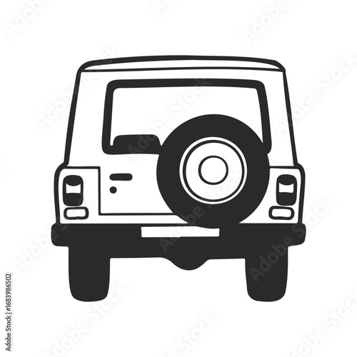 Back view of classic off-road suv with spare tire on white background