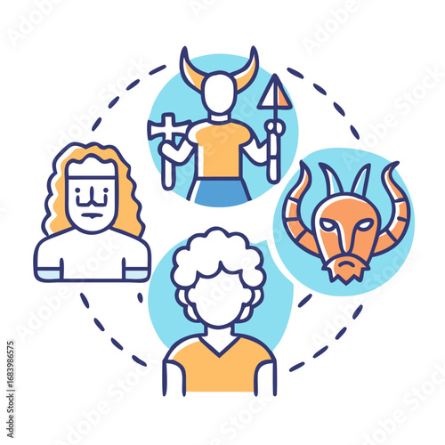Illustration representing a modern individual's connection to ancient pagan beliefs, mythology, folklore, and historical ancestors with gods and demons