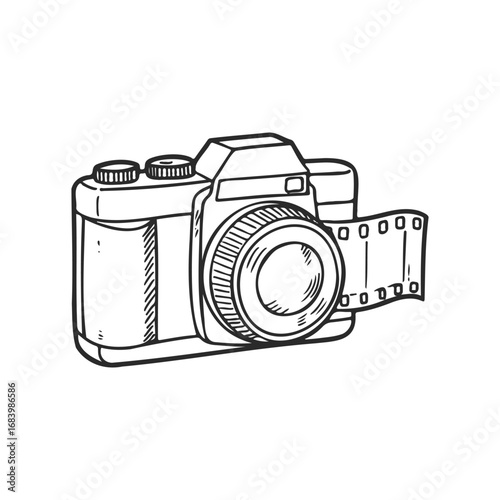 Vintage film camera sketch with extended roll in black and white