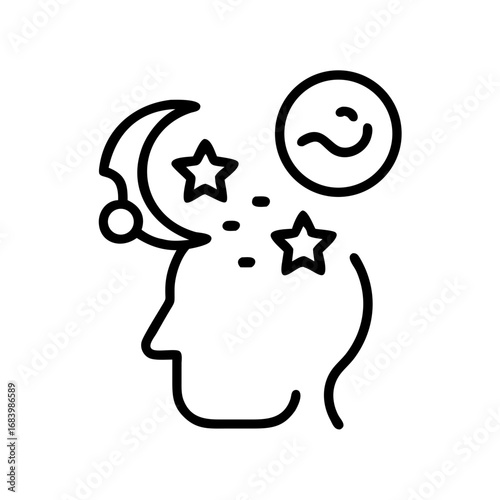 Line art representing the tranquility of restful sleep, vivid dreams, and mental well-being, illustrating a calm mind, imagination, and nocturnal peace