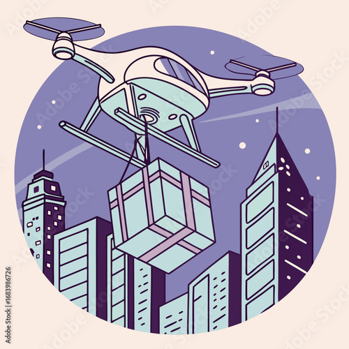 Conceptual illustration of future logistics with an autonomous quadcopter drone delivering a package, flying over a modern urban cityscape at night