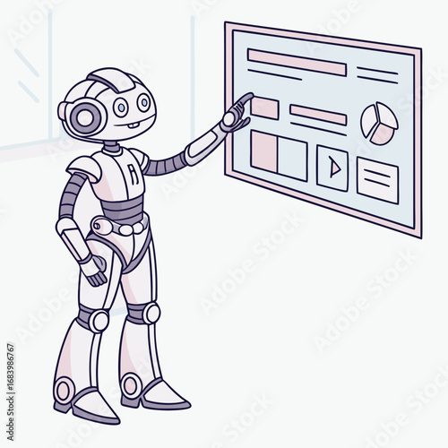 Robotic Assistant Demonstrating UI Elements for a Website, Showcasing Design and Functionality, and Illustrating Technological Proficiency