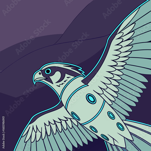 Illustration of a falcon with teal and white markings, set against a backdrop of dark blue mountains, soaring through the sky