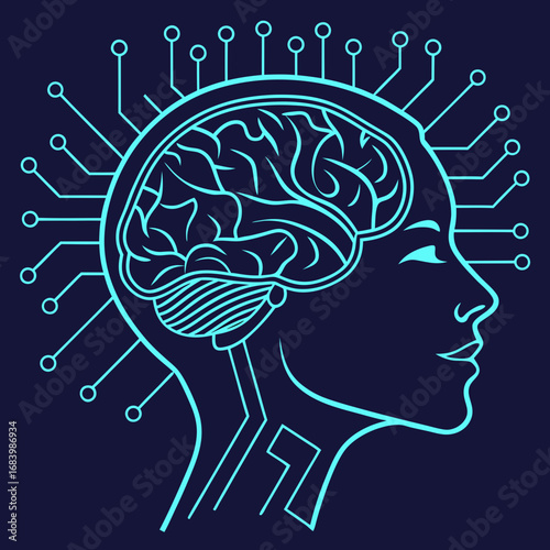 Conceptual art blending human mind and digital circuits, symbolizing artificial intelligence, machine learning, and advanced cognitive technology