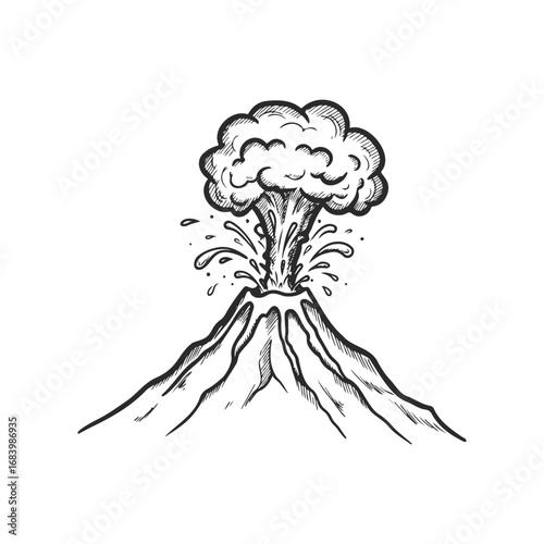 Explosive volcanic eruption sketch with ash cloud and lava