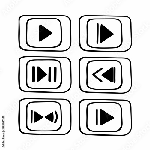Set of minimalistic doodle-style media player control icons. These hand-drawn symbols are perfect for app design, user interfaces, and website navigation elements