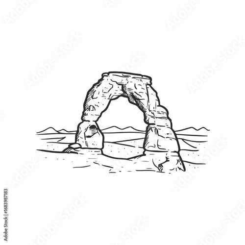 Hand-drawn desert arch: iconic natural rock formation in arid landscape