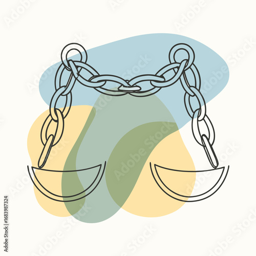 Elegant line art of weighing scales, symbolizing justice, balance, and fairness, with soft, abstract color washes, representing equitable principles in modern design