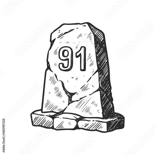 Monochrome sketch of milestone with number 91 on rough rock