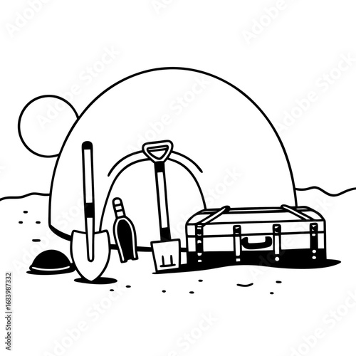 Camping adventure illustration A simple outline of a tent with gear like shovels, a treasure chest, ready for an outdoor activity, a unique design