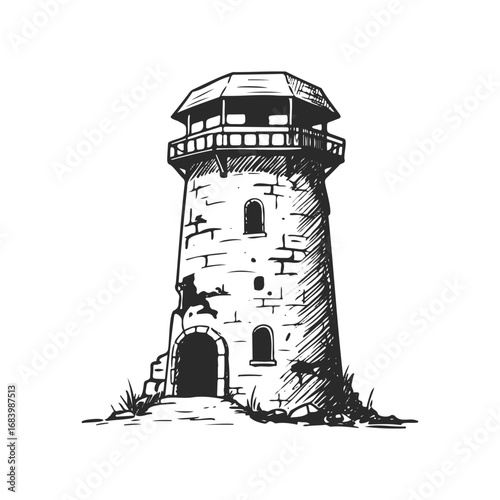 Medieval stone watchtower with arched door and windows