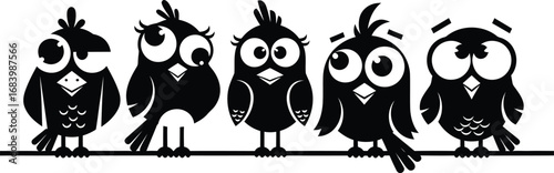 Five cute cartoon birds sitting together on a thin line expressing different emotions