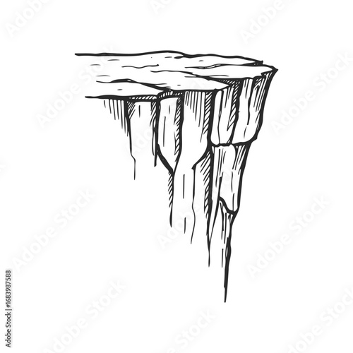 Hand-drawn cliff edge illustration with rugged details in black and white