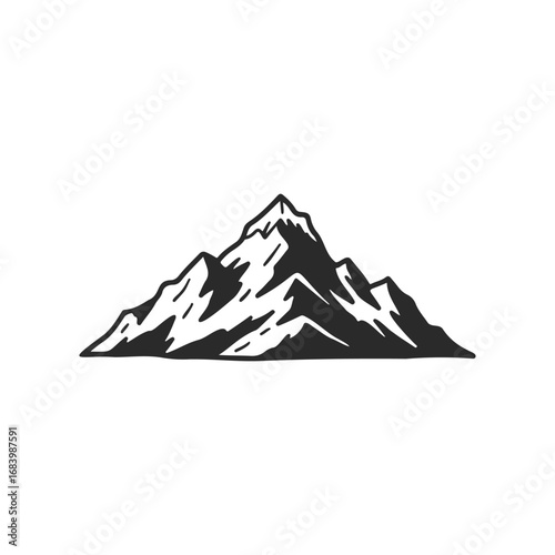 Black and white mountain sketch: minimalist landscape drawing of majestic peaks