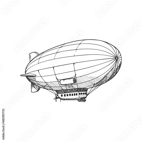 Black and white sketch of a vintage airship blimp