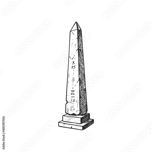 Hand-drawn obelisk illustration: detailed monument sketch with hieroglyphs