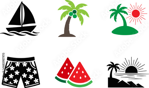 Summer Fun Vector Set: A vibrant vector set showcasing the essence of summer, with stylized icons depicting sailboat, palm tree, watermelons, and tropical elements.