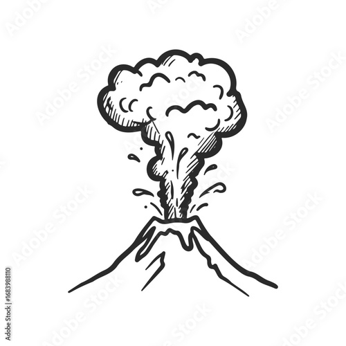 Hand-drawn volcanic eruption with smoke and ash clouds in black and white