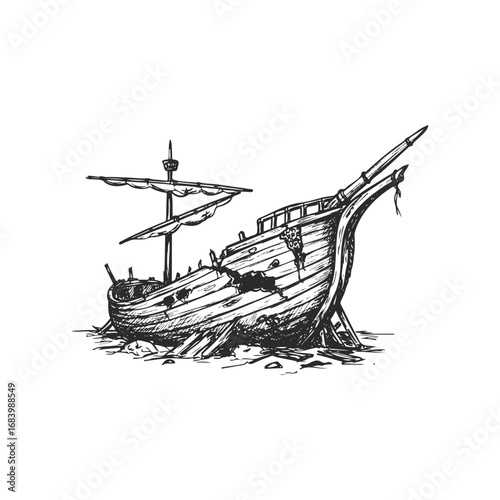 Vintage shipwreck illustration: detailed sketch of a wooden ship on white background