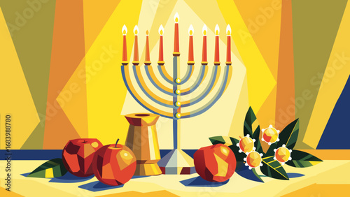 Colorful illustration of a menorah with candles surrounded by apples, symbolizing celebration and tradition