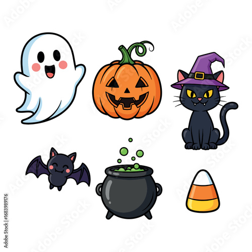 Adorable Halloween Cartoon Set with Ghost Pumpkin Black Cat Bat Candy Corn and Witch Cauldron Clipart Illustration