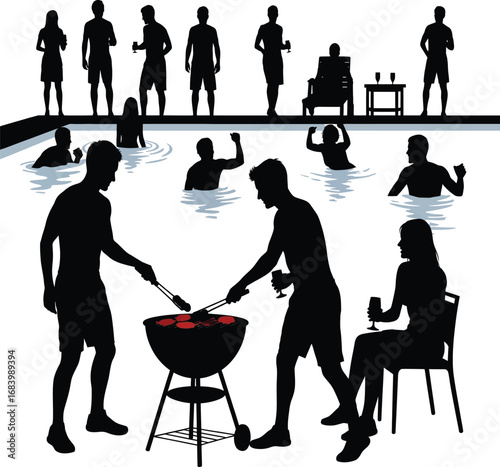 Silhouetted People Enjoying A Poolside Barbecue And Swimming Party grilling pool party