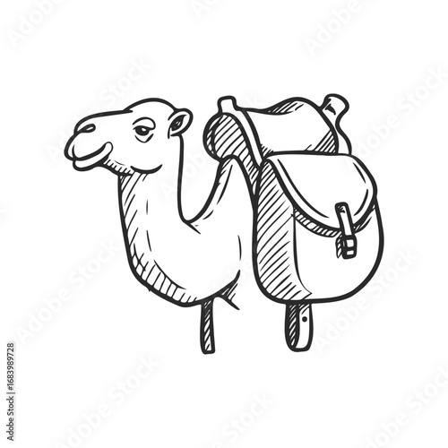 Hand-drawn camel illustration with saddle in black and white