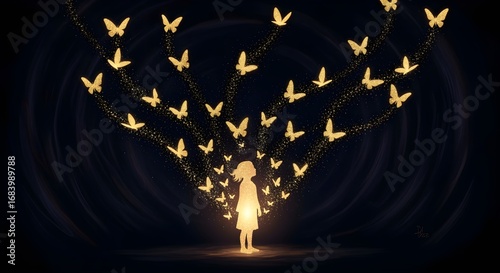 Golden glitter butterflies glowing around a child silhouette, symbolic and artistic.