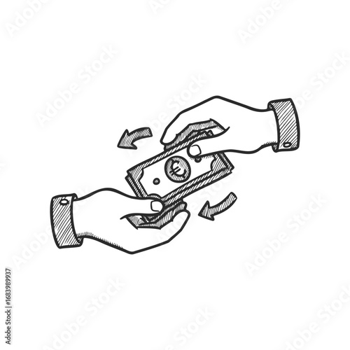 Sketch of hands exchanging dollar bill in black and white illustration