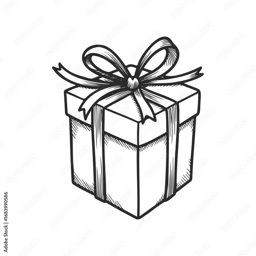 Obraz premium Hand-drawn gift box with ribbon in black and white sketch style