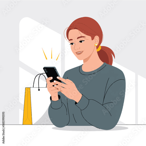 Woman using smartphone with shopping bag, digital lifestyle illustration