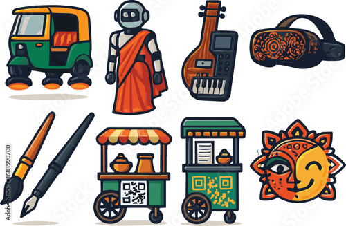Cultural-Tech Fusion Icon Set – Hover Rickshaw, Sari Robot, QR Street Food, VR Mandala, Sitar Keyboard, Biometric Identity