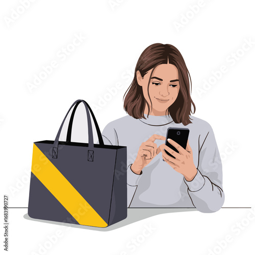 Woman using smartphone with shopping bag, digital lifestyle illustration