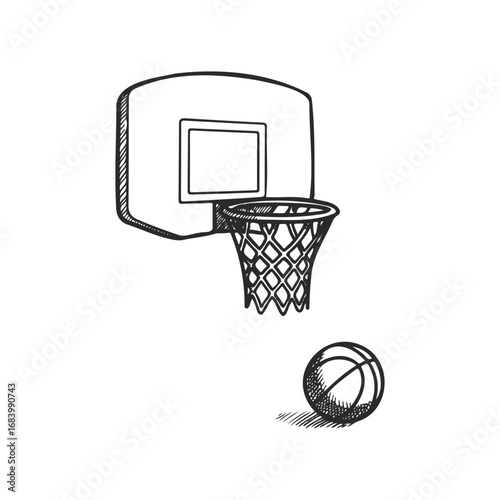Black and white sketch of basketball hoop with ball and net detail
